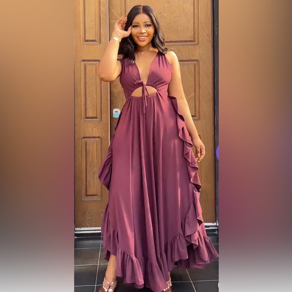 DEEP V NECK CAMI ASYMMETRIC RUFFLED A-LINE VACATION MAXI DRESS- NEVER WORN